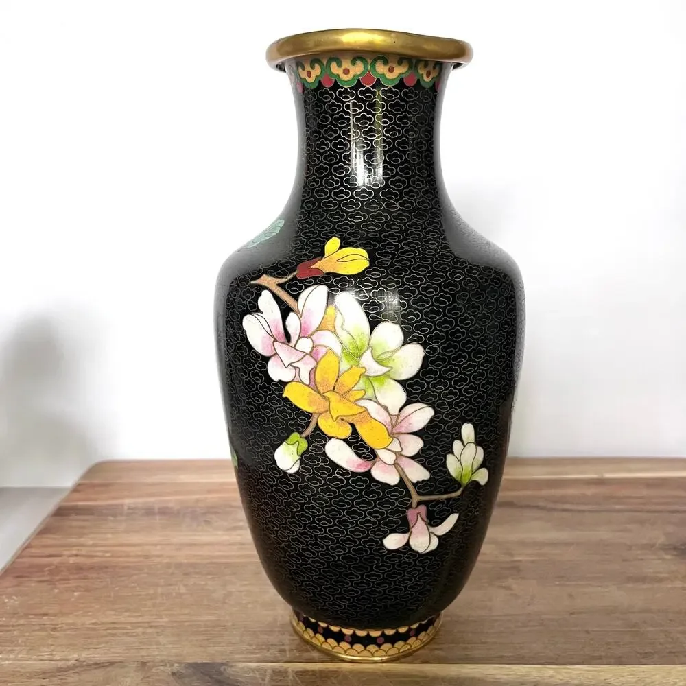 Vintage Chinese Cloisonne Lotus Flower Floral Botanical Bird Vase 10